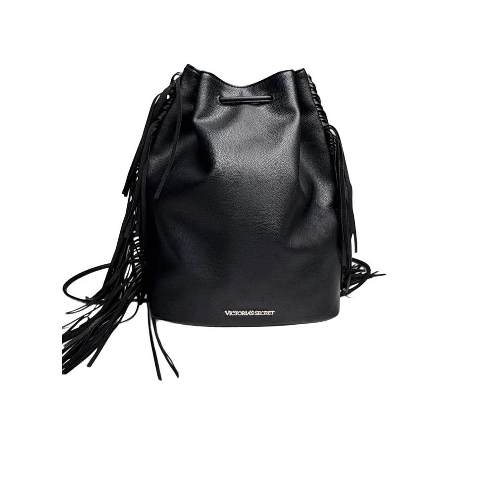 Victorias Secret Black Fringe Backpack Bucket Bag Faux Leather Drawstring Boho